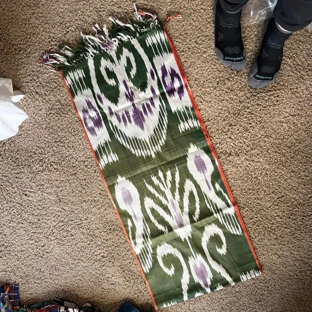 VTG Ikat Woven Scarf Shawl Green Purple Fringe Boho Wrap 70x15